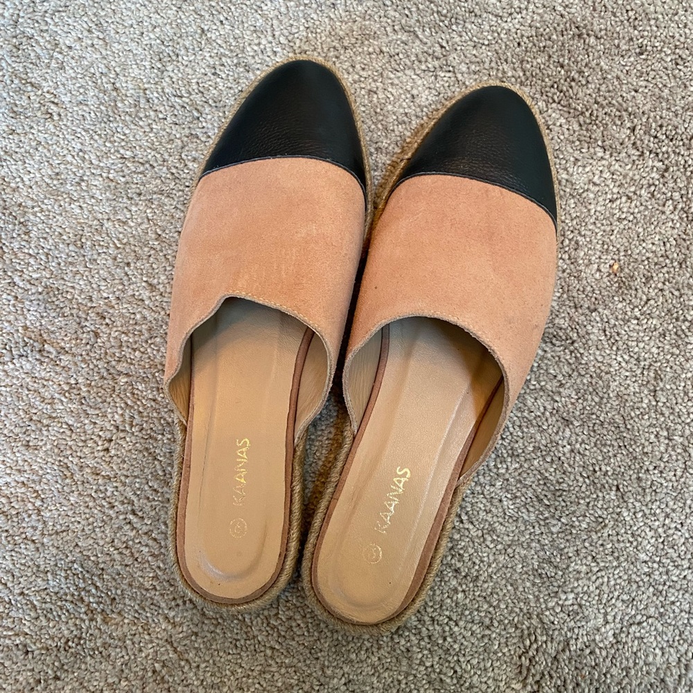 Kaanas leather and suede two tone espadrille mules